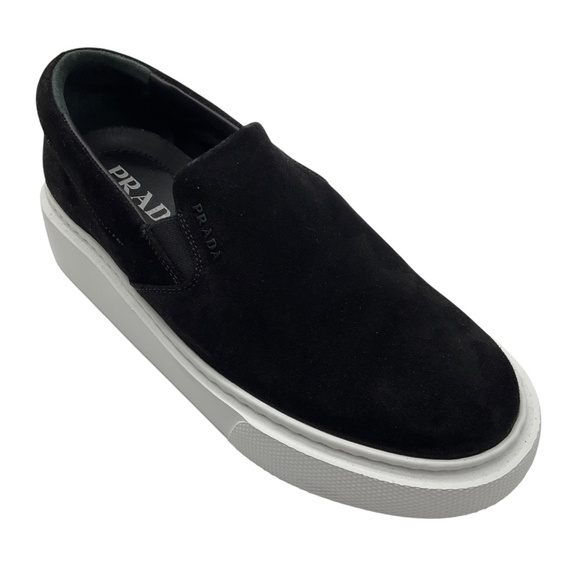 PRADA BLACK / WHITE SOLE SUEDE LOW TOP SLIP ON SNEAKERS - Picture 1 of 8